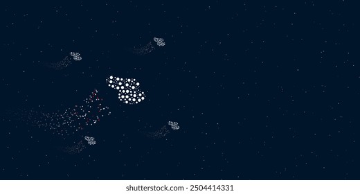 A sanding machine symbol filled with dots flies through the stars leaving a trail behind. There are four small symbols around. Vector illustration on dark blue background with stars