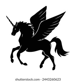 A Sanding Winged Unicorn Black Silhouette isolated white background