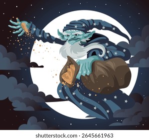 sandman voando à noite com saco de areia
