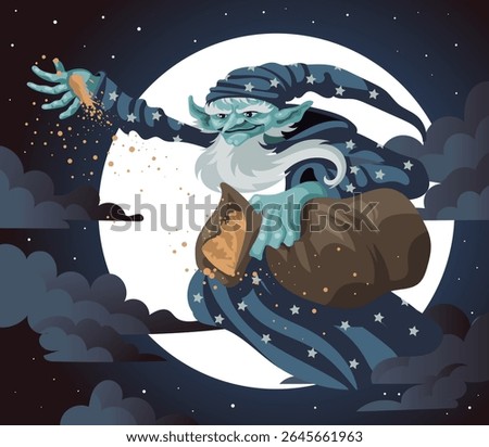 sandman flying in the night with sand bag