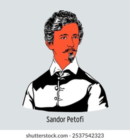 Sándor Petöfi foi o poeta nacional da Hungria, um democrata revolucionário, e um dos líderes da Revolução de 1848-1849 na Hungria. Ilustração de vetor desenhada à mão