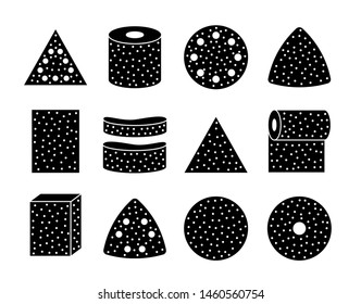 Sandpaper sheets, discs, rolls, triangles. Black & white vector illustration of sanding abrasive paper. Flat icon set of glasspaper. Isolated objects