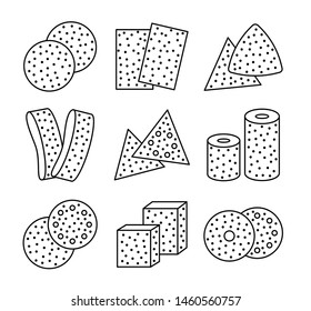 Sandpaper sheets, discs, rolls, triangles. Black & white vector illustration of sanding abrasive paper. Line icon set of glasspaper. Isolated objects
