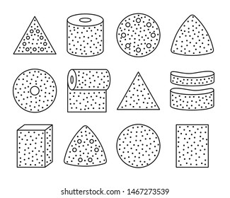 Sandpaper sheets, discs, rolls, triangles. Black & white vector illustration of sanding abrasive paper. Line icon set of glasspaper. Isolated objects