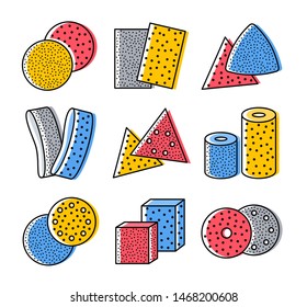 Sandpaper sheets, discs, rolls, triangles. Colorful vector illustration of sanding abrasive paper with assorted grit. Flat line icon set of glasspaper. Isolated objects on white background