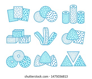 Sandpaper sheets, discs, rolls, triangles. Blue vector illustration of sanding abrasive paper. Line flat icon set of glasspapers with assorted grit texture. Isolated objects