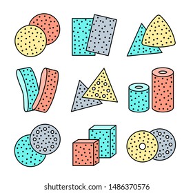 Sandpaper sheets, discs, rolls, triangles. Colorful vector illustration of sanding abrasive paper. Flat line icon set of glasspaper. Isolated objects on white background