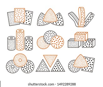 Sandpaper sheets, discs, rolls, triangles. Vector illustration of sanding abrasive paper. Colorful line icon set of glasspapers with assorted grit texture. Isolated objects