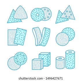 Sandpaper sheets, discs, rolls, triangles. Blue vector illustration of sanding abrasive paper. Line flat icon set of glasspapers with assorted grit texture. Isolated objects
