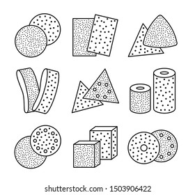 Sandpaper sheets, discs, rolls, triangles. Black & white vector illustration of sanding abrasive paper. Line icon set of glasspapers with assorted grit texture. Isolated objects