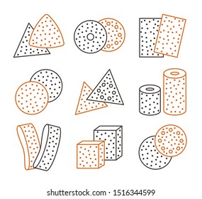 Sandpaper sheets, discs, rolls, triangles. Vector illustration of sanding abrasive paper. Colorful line icon set of glasspapers with grit texture. Isolated objects