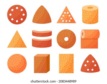 Sandpaper sheets, discs, rolls, triangles. Vector illustration of sanding abrasive paper. Flat icon set of glasspapers with grit texture. Isolated objects on white background