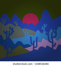 Sands with cactus. Vector illustration. Wild cactus on deserts. Stylish blue, green and gray colors.