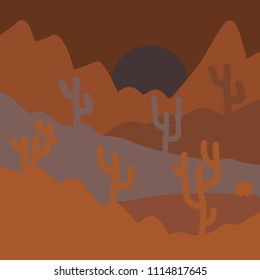 Sands with cactus. Wild cactus on deserts. Stylish brown and orange colors. Vector illustration.