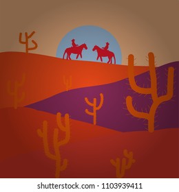 Sands. Desert. Orange, beige and purple colors background with cactus. Vector illustration.