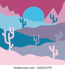 Sands. Mountains. Vector illustration. Design on blue, neutral and pink colors. Birds. Exploring Africa. Desert trip. Horizon line with sky. Back to nature. Extreme tourism and traveling.