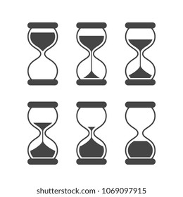 Sands of time, hourglass vector isolated symbols. Old sand clock animated vector icons. Black animated hourglass, timer sand, countdown sandglass animation illustration