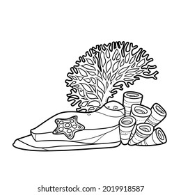Sandstone on which corals and sea sponge grow and starfish lies coloring book linear drawing isolated on white background