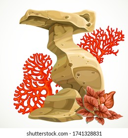 Sandstone picturesque form with corals and seaweed for aquarium decoration or as separate element isolated on white background 