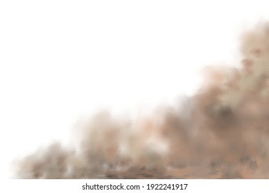 Sandstorm, a cloud of dust or sand flying from under the wheels of a car or motorcycle. Realistic vector illustration.