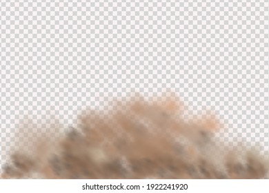 Sandstorm, a cloud of dust or sand flying from under the wheels of a car or motorcycle. Realistic vector illustration.