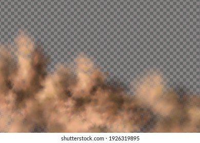 Sandstorm, a cloud of dust or sand flying from under the wheels of a car or motorcycle. Realistic vector illustration.