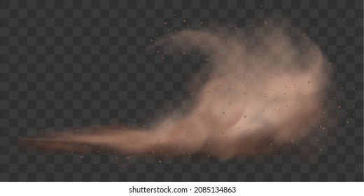 Sandstorm. Desert wind with cloud of dust and sand. Dusty cloud with flying with particles of sand escaping from under the wheels of a car.  Vector illustration isolated on transparent background.