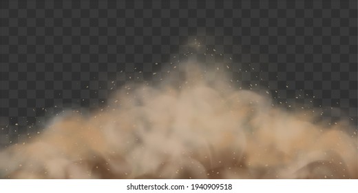 Sandstorm.  Dusty cloud or  sand with flying with small particles or grains of sand escaping from under the wheels of a moving car. Vector illustration isolated on transparent background.