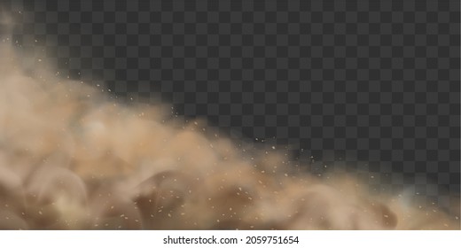 Sandstorm.  Dusty cloud or  sand with flying with small particles or grains of sand escaping from under the wheels of a moving car. Banner. Vector illustration isolated on transparent background.