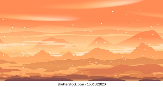 Sandstorm on planet Mars landscape game background tillable horizontally, sand hills and mountains in dust on a deserted planet, sandstorm landscape background