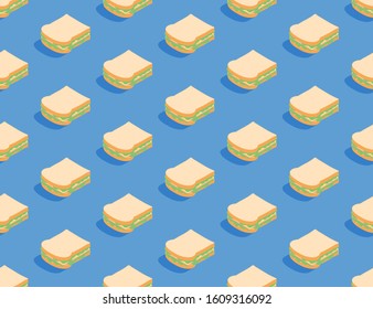 Sandwich 3D isometric seamless pattern, Breakfast bakery concept poster and social banner post design illustration isolated on blue background with copy space, vector eps 10