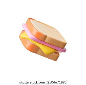 Sandwich icono de estilo de plástico 3D. Rebanadas de pan tostado con queso y jamón. Comida rápida de dibujos animados, aperitivo sabroso. Ilustración de Vector volumétrico aislado en blanco