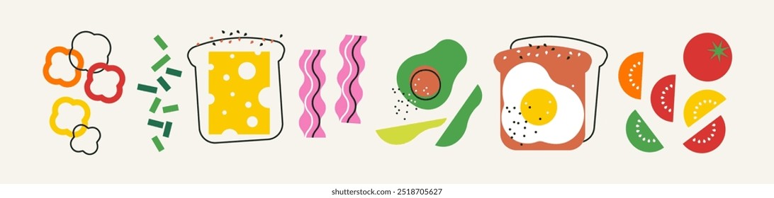 Sandwich. Appetising food collection. Good morning poster. Set of breakfast elements. Doodle vector illustration with cheese, veggies, egg. Wide background for poster, menu, cafe. Healthy food concept