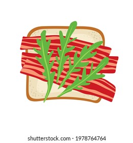 Sandwich with arugula and bacon. Snack. Overhead view of isolated Breakfast snacks on toast vector flat. For menu, cafe, restaurant, poster, banner, emblem, sticker. Healthy green