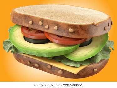 Sandwich with avocado, cheese, tomatoes and salad, vegetables, ham, corner sandwich, realistic 3d, digital paint, on white background. Healthy food, casual food hand drawn digital illustration.