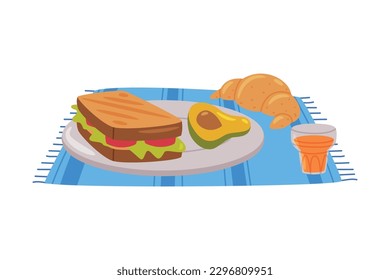 Sándwich con aguacate en la plancha y croissant en el mantel como delicioso desayuno o brunch con típica ilustración vectorial de comida