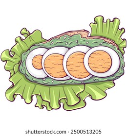 Sandwich with avocado and sliced egg top view. Healthy wholesome breakfast with boiled egg and vegetables. Color vector illustration in hand drawn style. Restaurant snack isolated on white.