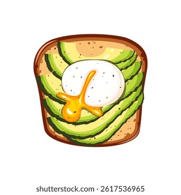Sandwich with avocado slices, poached egg. Healthy breakfast. Top view. Vector illustration on white background.