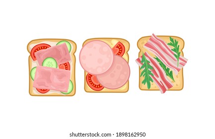 Sandwich with Bacon, Wurst and Vegetables Placed on Slice of Bread Vector Set