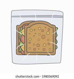 Sandwich In Bag. Package With Breakfast. School Lunch In A Zip Lock Bag. Cartoon Illustration