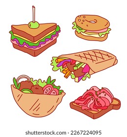 Sandwich, bagel, falafel, burrito, kebab, toast. Colorful hand drawn vector illustrations set isolated on background. Outline stroke is not expanded, stroke weight is editable