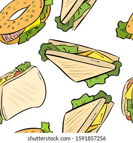 Sandwich and bagle doodles cute seamless pattern. Vector print texture background tile