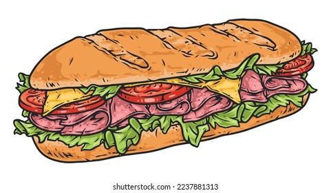 Sandwich-Baguette-Element bunt detailliert appetitanregend Frühstück Vorspeise von Schinken und Käse mit Salat und Tomaten Vektorgrafik