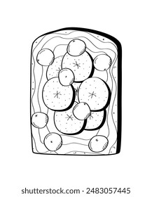 Sandwich with banana and blueberry chocolate paste. Toasted bread with breakfast filling. Vector illustration of snack sketch doodle.