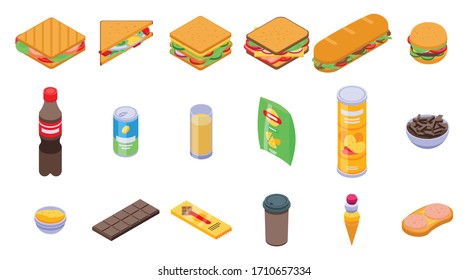 Sandwich bar icons set. Isometric set of sandwich bar vector icons for web design isolated on white background