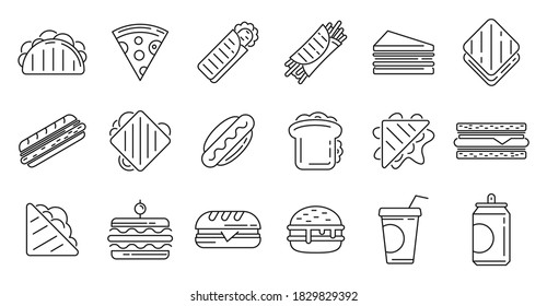 Sandwich bar icons set. Outline set of sandwich bar vector icons for web design isolated on white background