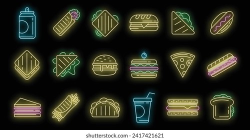 Sandwich bar icons set. Outline set of sandwich bar vector icons neon color on black