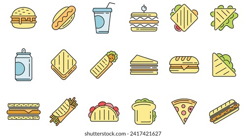 Iconos de la barra de sándwich. Conjunto de esquemas de iconos vectoriales de barra de sándwich color de línea delgada plano sobre blanco