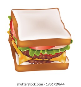 Sandwich with beef, cheese and vegetables. Double layer sandwich,Sliced bread with meat and vegetable. Vector illustration. White background