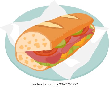Sandwich with beef pastrami on a baguette on a blue plate
